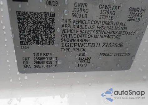 2020 Chevrolet Silverado 1500 из США, поврежденный, VIN 1GCPWCED1LZ102546